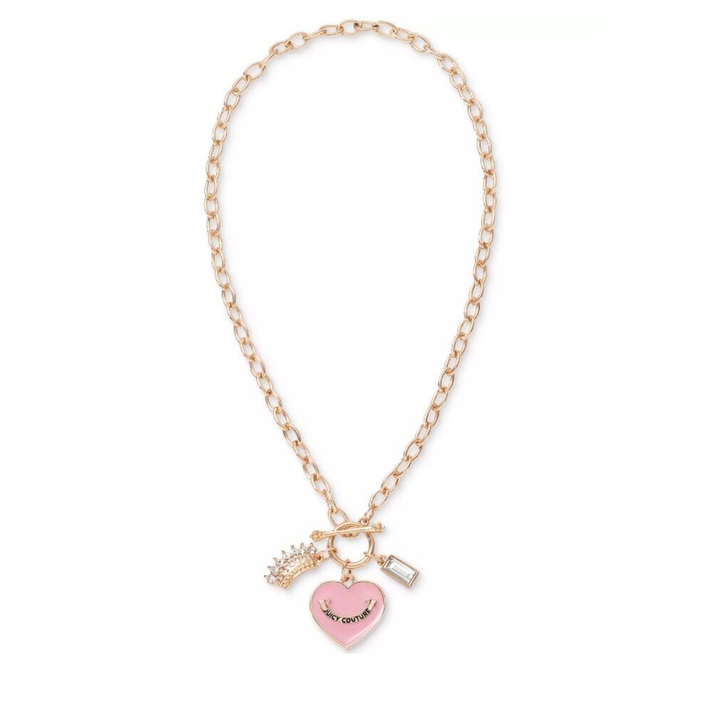 Juicy Couture Necklace, Pink Heart 17 inch Pendant,Gold Chain,Crown Detail-NEW - Picture 1 of 7